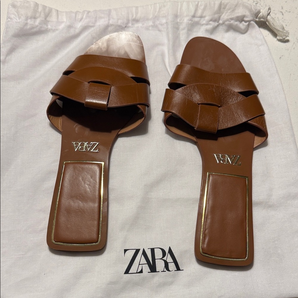 Zara Women's Flat Crossed Tan Leather Sandals with Dustbag
